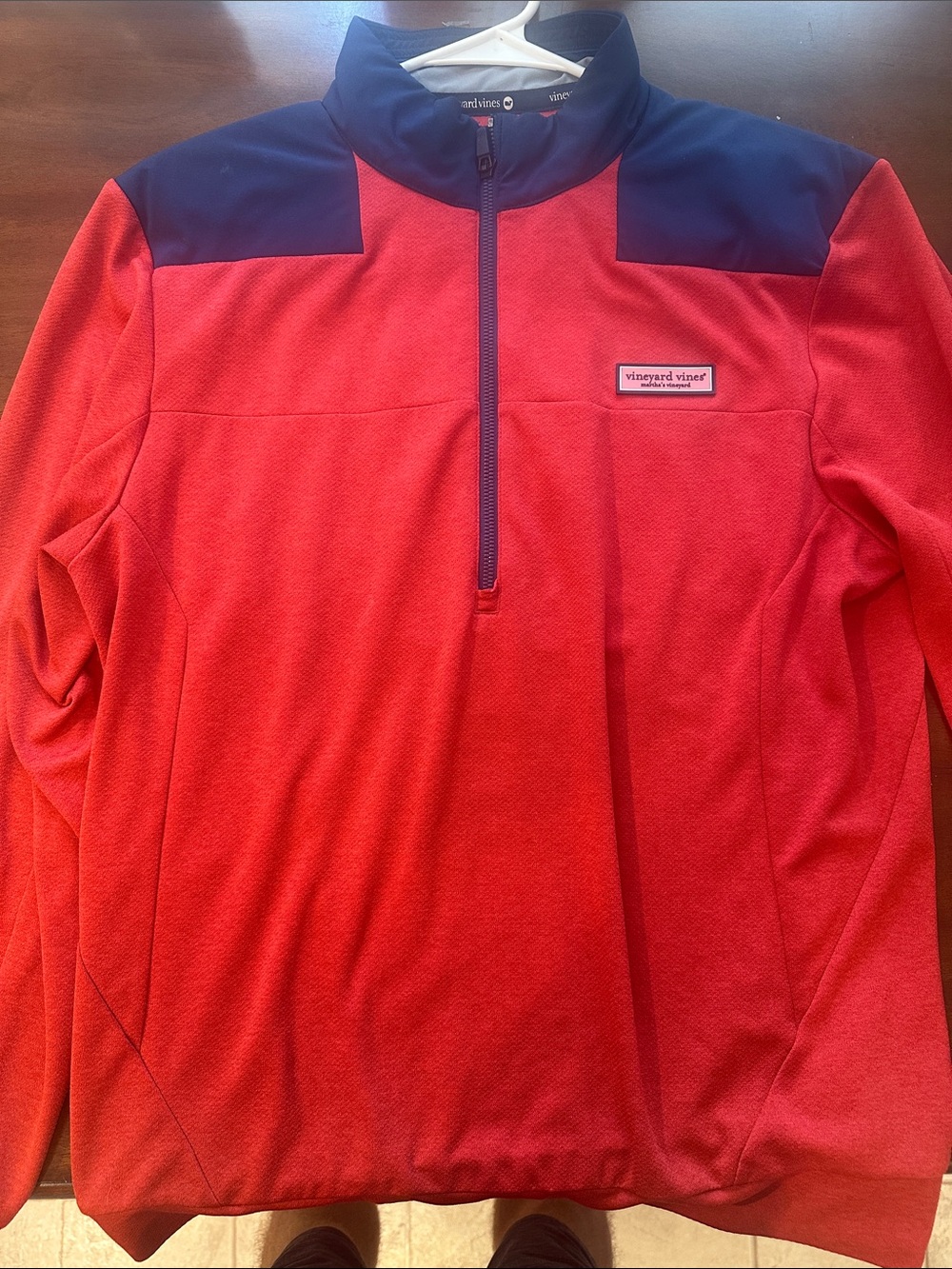 Vineyard Vines Red with Navy Shoulder Quarter-Zip Sweater